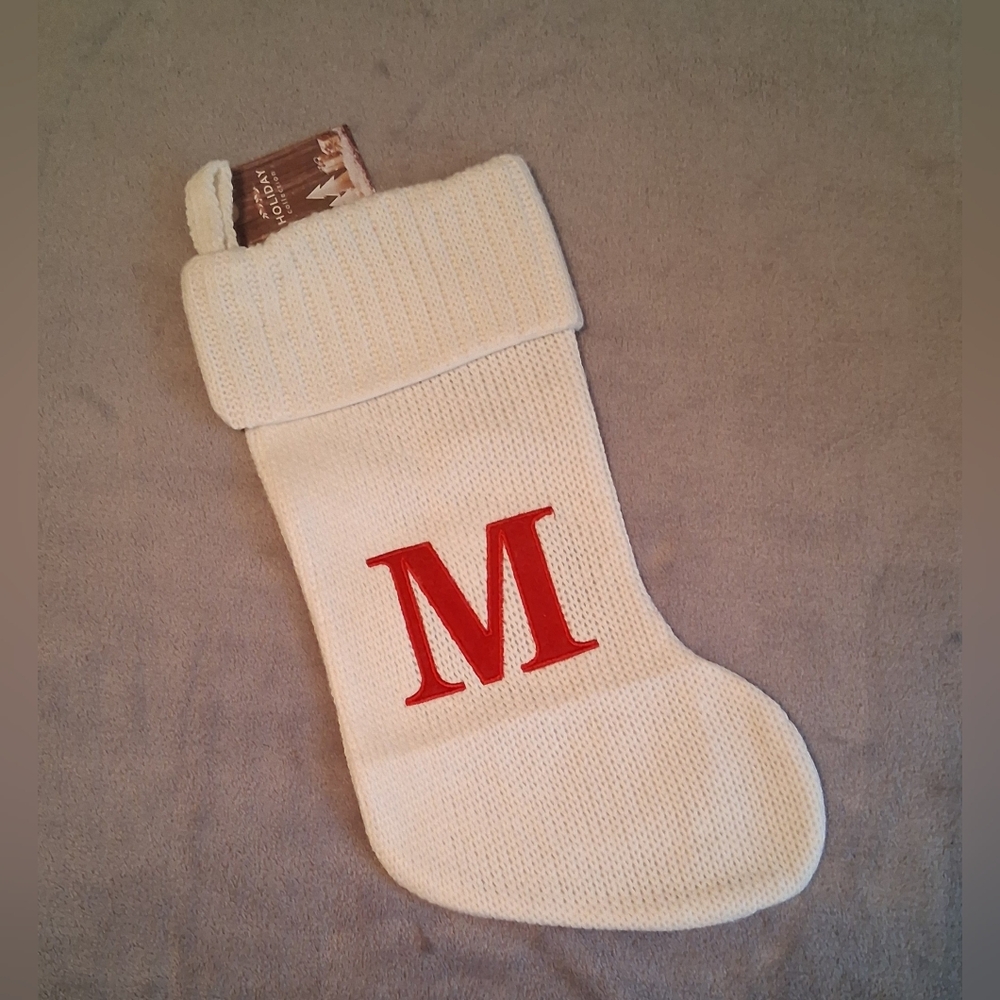 "M" White Knit Stocking